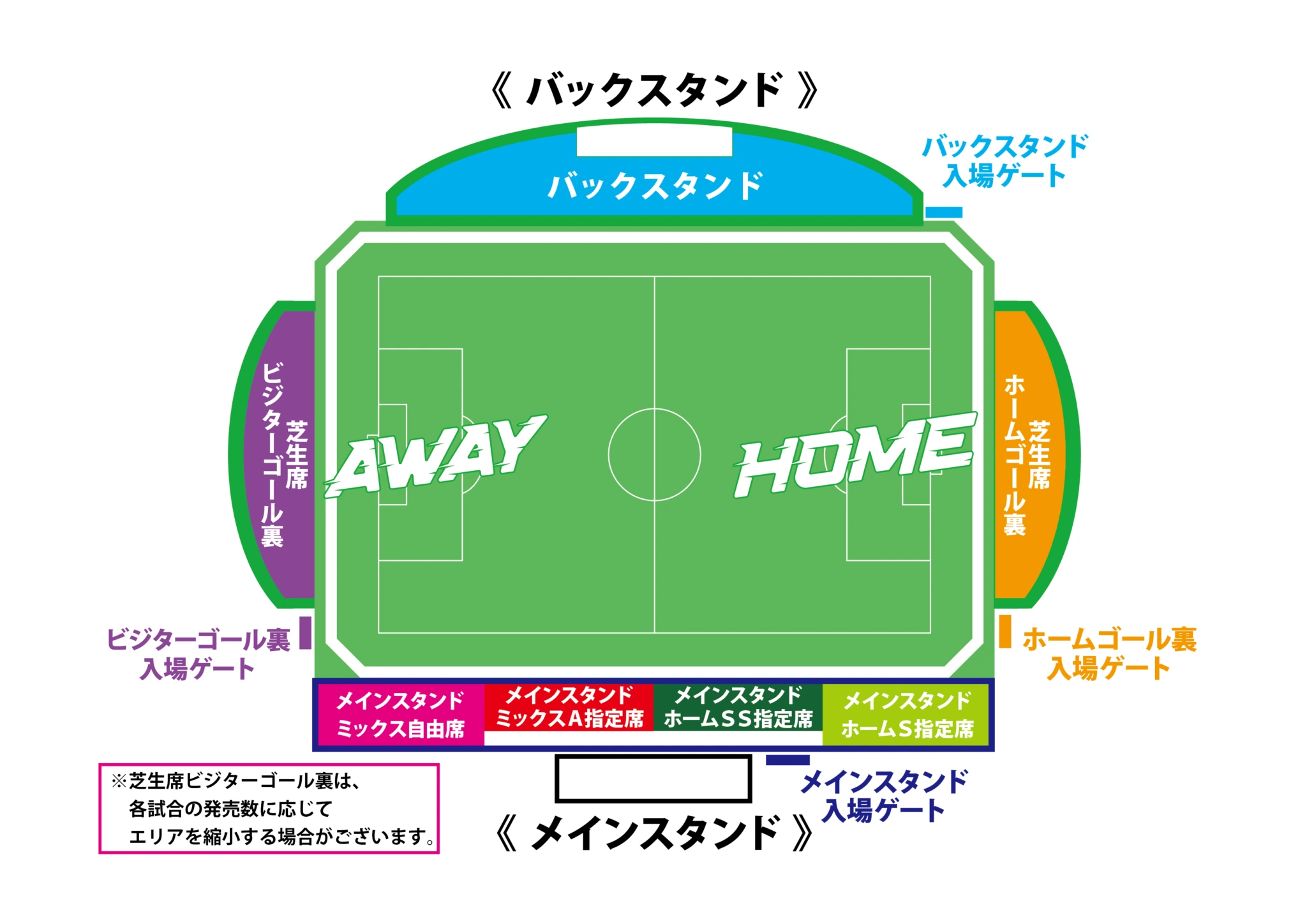 プライフーズスタジアム座席図（バックスタンド・芝生席ビジターゴール裏・芝生席ホームゴール裏・メインスタンド ミックス自由席／ミックスA指定席／ホームSS指定席／ホームS指定席・各入場ゲート）